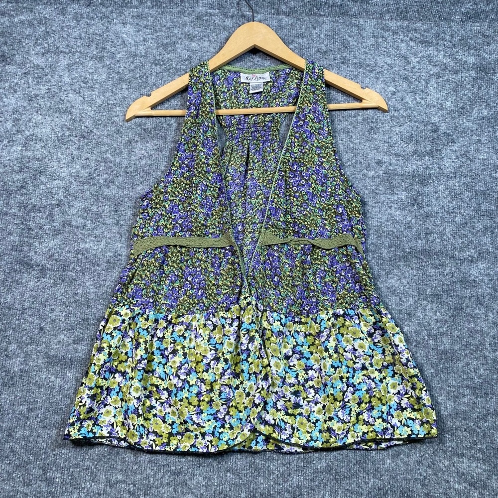 Self Esteem Women Medium Floral Racerback Peplum Top Purple‎ Green Boho 4234531